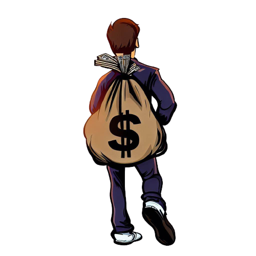 Um homem com um saco nas costas com o símbolo do dólar