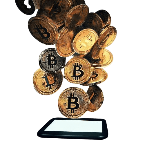 Um telemóvel com bitcoins a sair dele